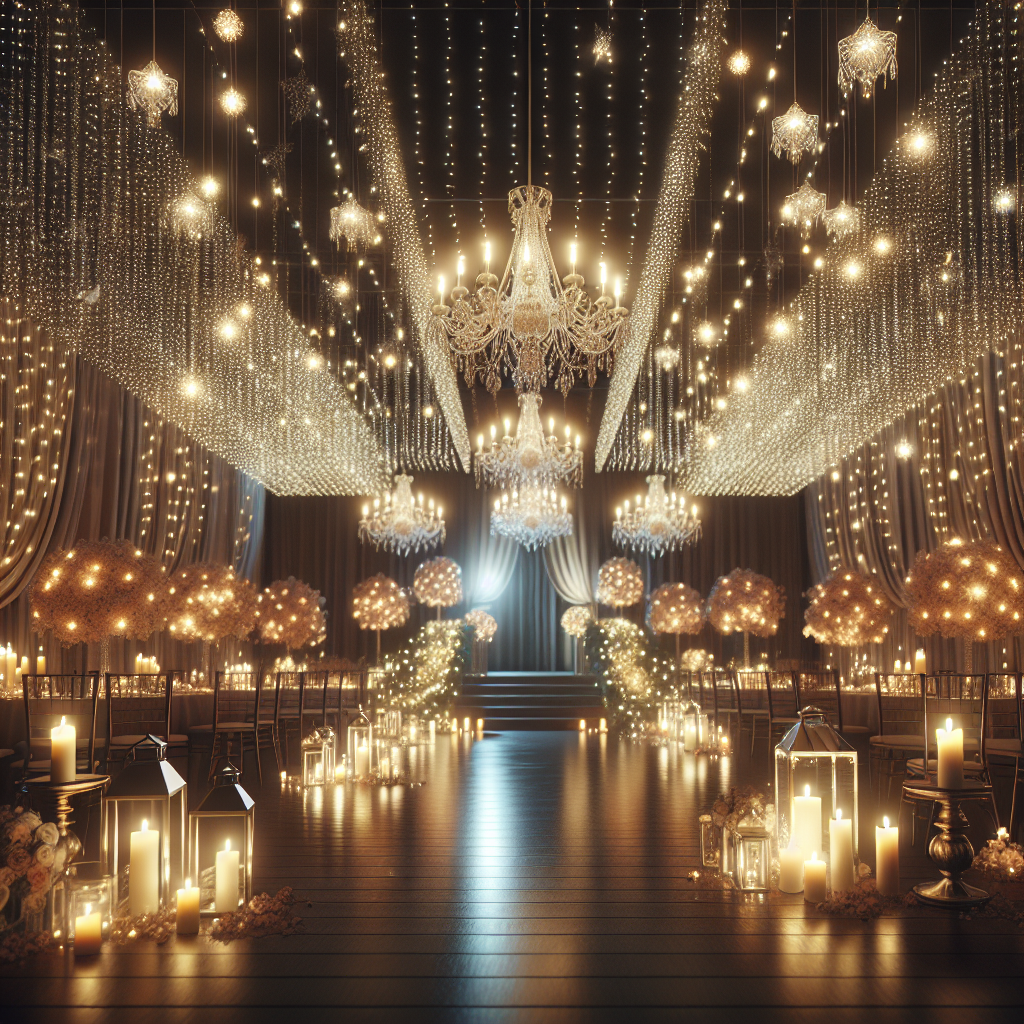 Un lieu de mariage avec un éclairage romantique, comprenant des guirlandes lumineuses, des lustres en cristal, des projecteurs de lumière douce ainsi que des bougies et des lanternes disposées partout.