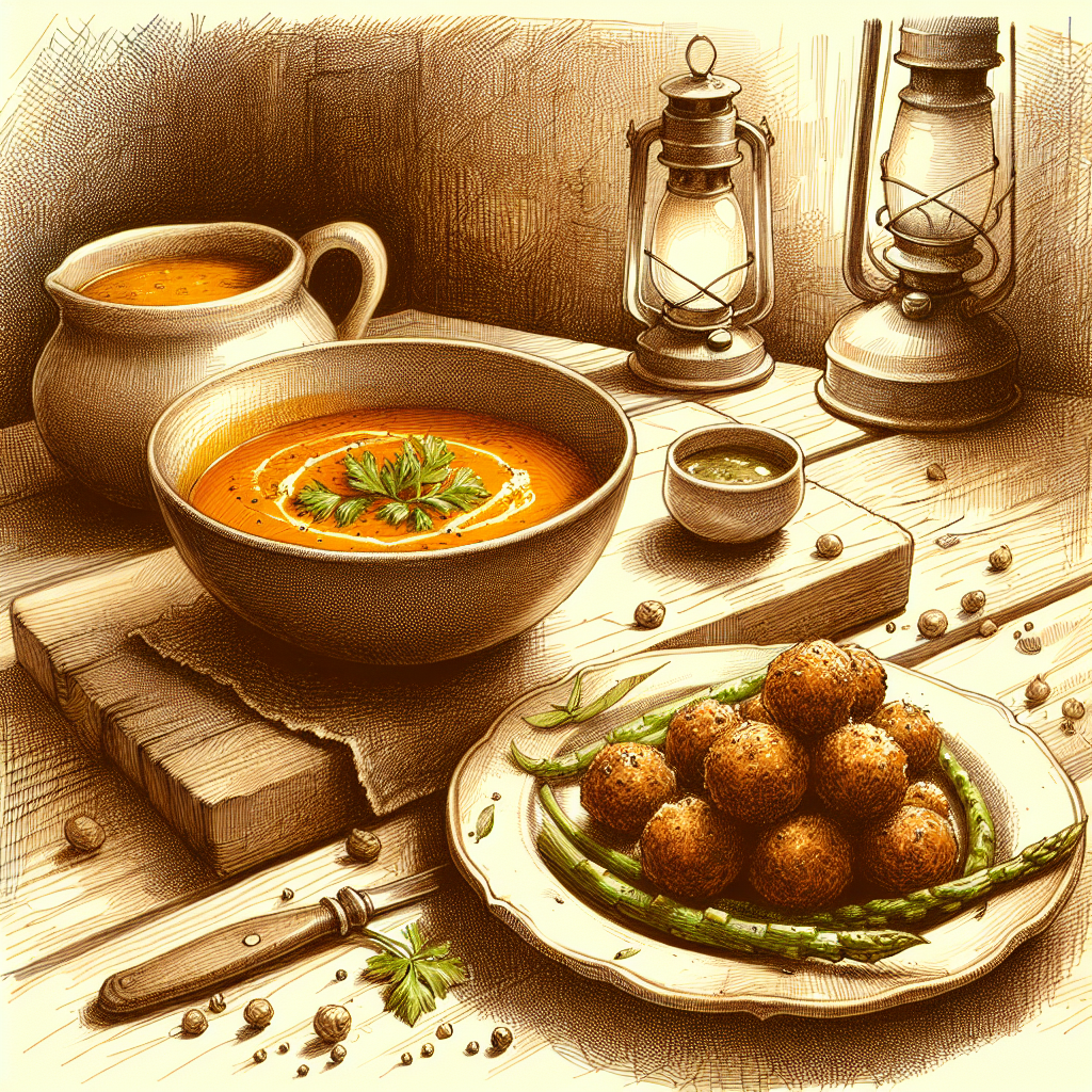 Une table accueillante avec une soupe chaude dans un bol, comme une soupe de potiron en hiver ou un velouté d'asperges au printemps, accompagnée d'une assiette de mini-boulettes de viande à la sauce tomate.