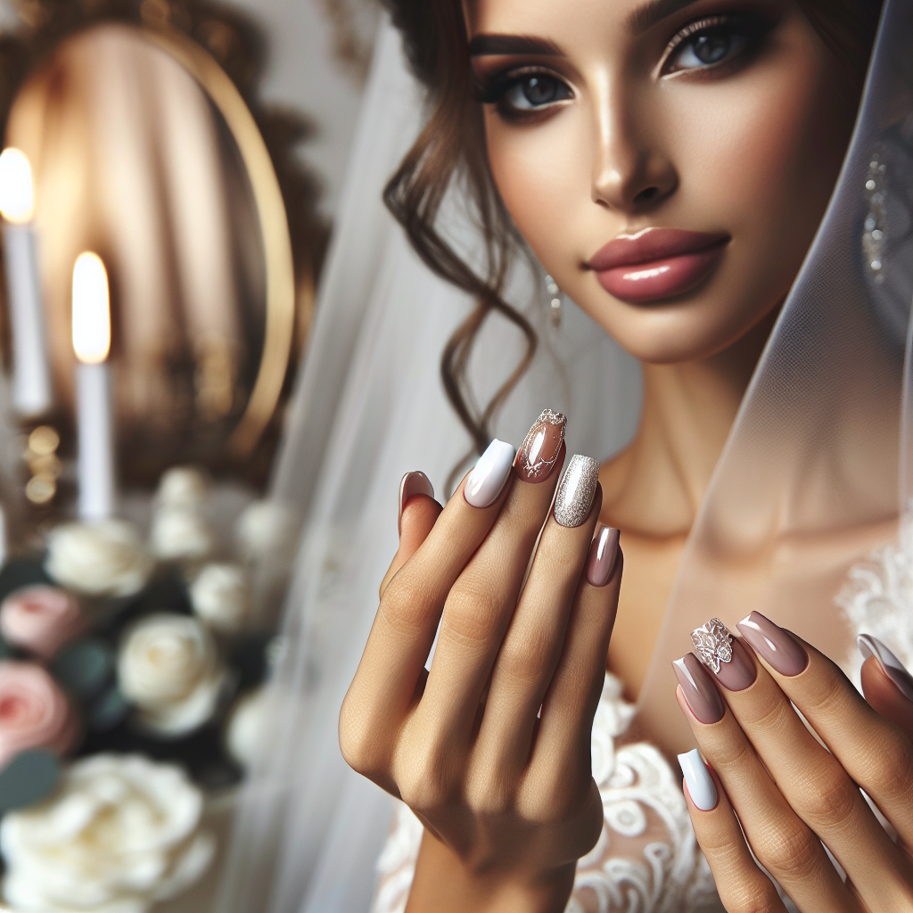 Une mariée essayant des faux ongles, se concentrant sur ses mains, dans un cadre élégant de préparation de mariage.