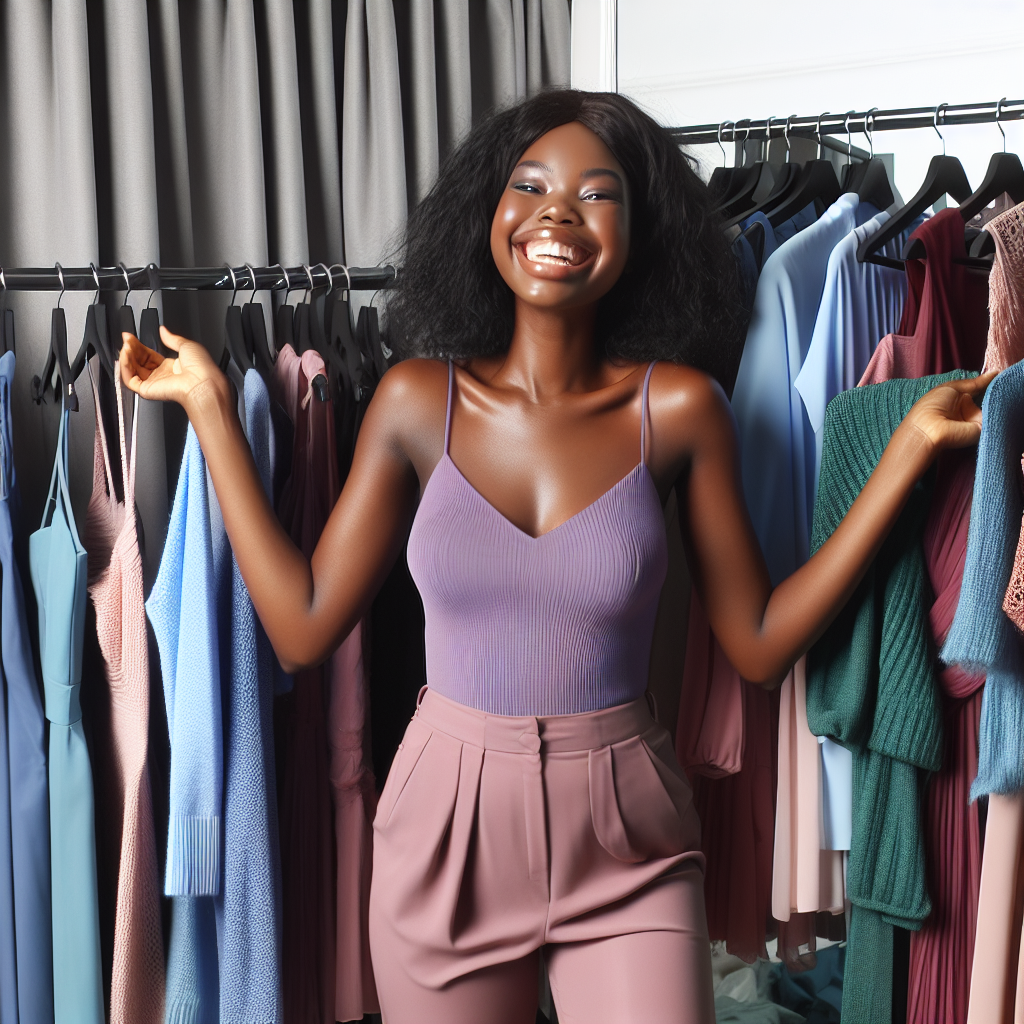 Une personne essaie différentes tenues devant un miroir pour trouver la couleur qui lui va le mieux. Certaines tenues sont en nuances pastel tandis que d'autres sont en teintes sombres et vives. La personne a l'air confiante et heureuse.