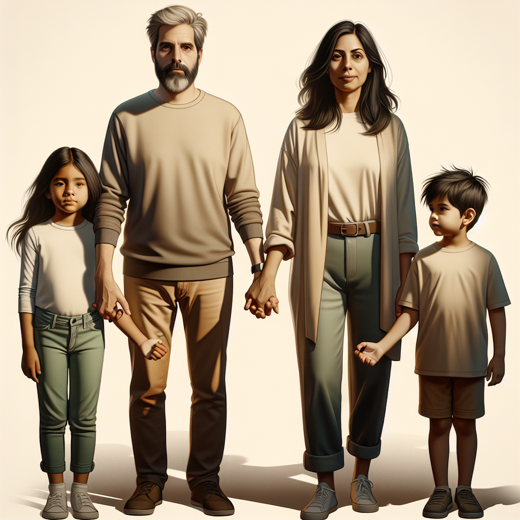 Une famille de quatre personnes, avec les parents tenant les mains et se tenant derrière leurs deux enfants, symbolisant la filiation et l'autorité parentale. Les parents prennent des décisions pour le bien-être de leurs enfants, illustrant l'éducation, la santé et les soins.