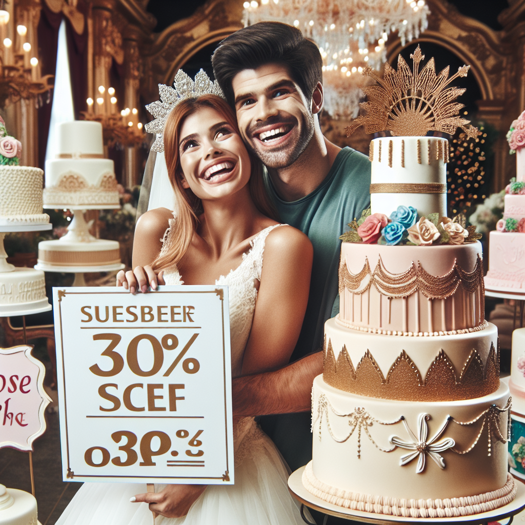 Un couple joyeux célébrant leur mariage avec plusieurs magnifiques gâteaux de mariage, entouré de décorations festives et de signes de promotions et réductions spéciales.