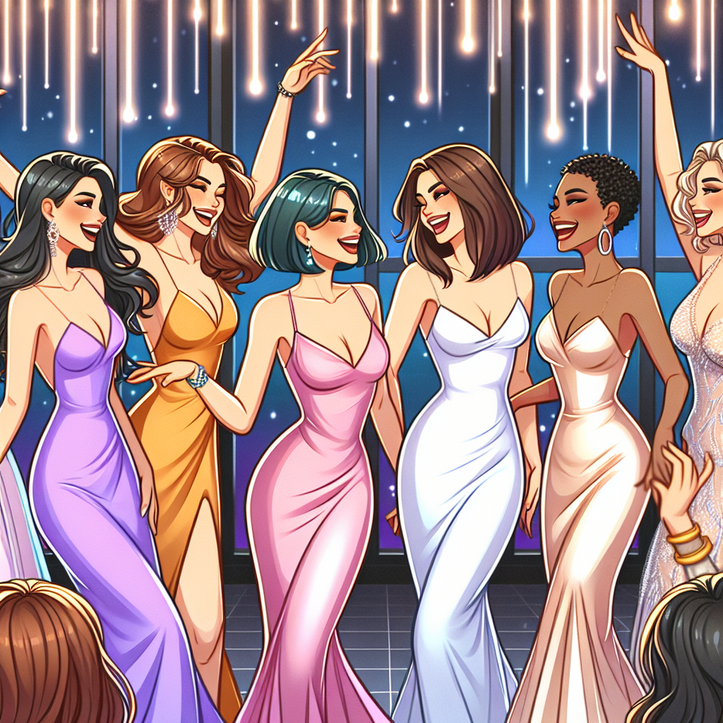 Un groupe de femmes en robes de soirée élégantes souriant et discutant dans un cadre moderne et élégant.