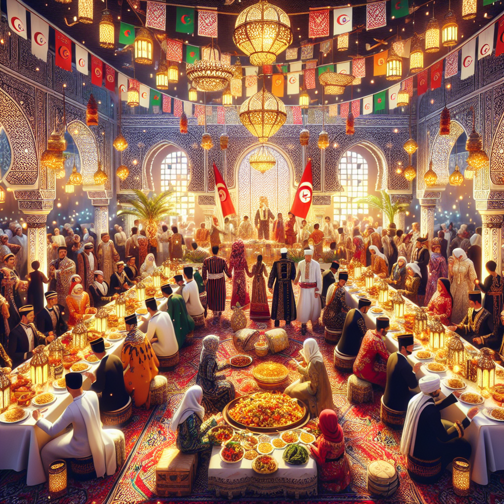 Un mariage traditionnel algérien avec des décorations colorées, des plats authentiques comme la chorba et le couscous, des tenues traditionnelles, et une ambiance musicale avec des gens dansant sur du chaâbi et du raï.