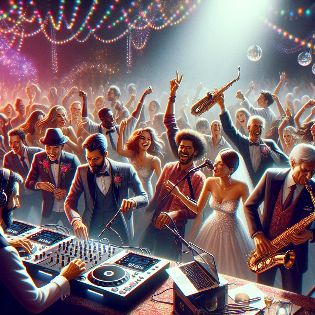 Une fête de mariage animée avec un DJ et un groupe live, des invités dansant joyeusement.