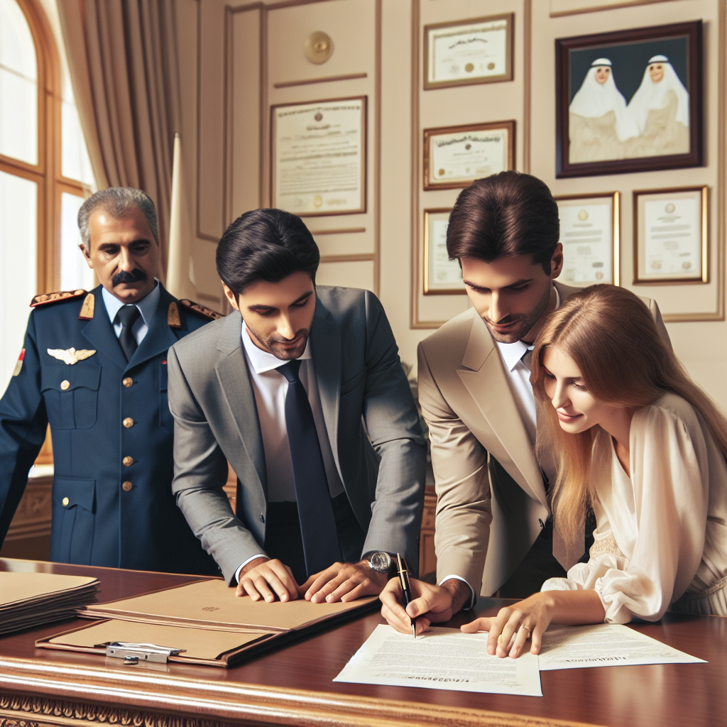 Un couple remplissant des documents de mariage à la mairie, avec un officier d'état civil en arrière-plan.
