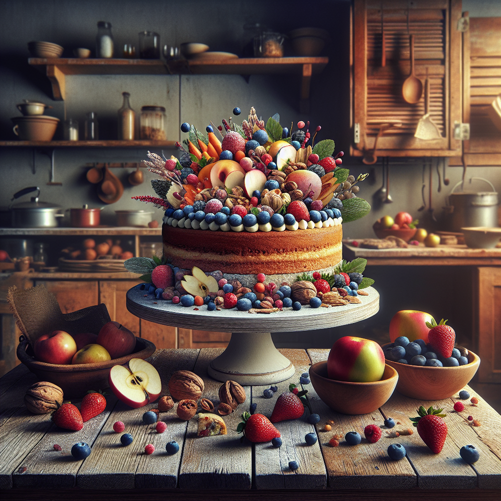 Un gâteau préparé avec des ingrédients de saison tels que des fraises, des myrtilles, des pommes et une variété de noix, présenté dans une cuisine rustique.