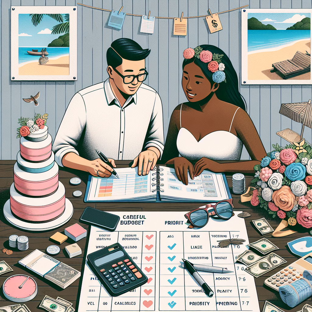 Un couple planifiant leur budget de mariage avec des objets de mariage, un gâteau, des prix et des listes de priorités