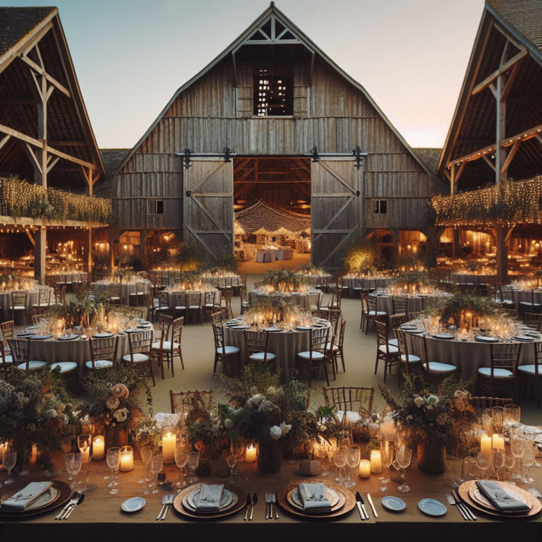 Grange décorée pour un mariage avec des éléments rustiques et des guirlandes lumineuses.