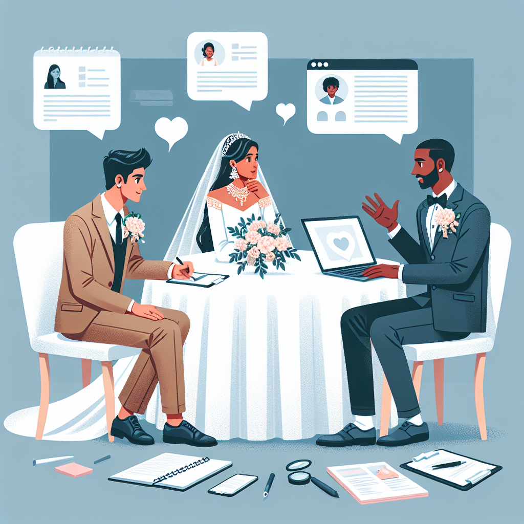 Scène de planification de mariage où la mariée et le marié interviewent un prestataire de mariage, avec un environnement de forum en arrière-plan.