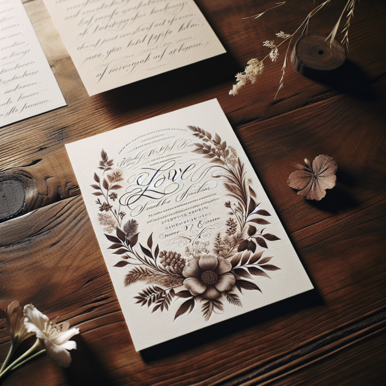 Invitation de mariage design moderne posée sur une table en bois rustique avec une citation d'amour en arrière-plan
