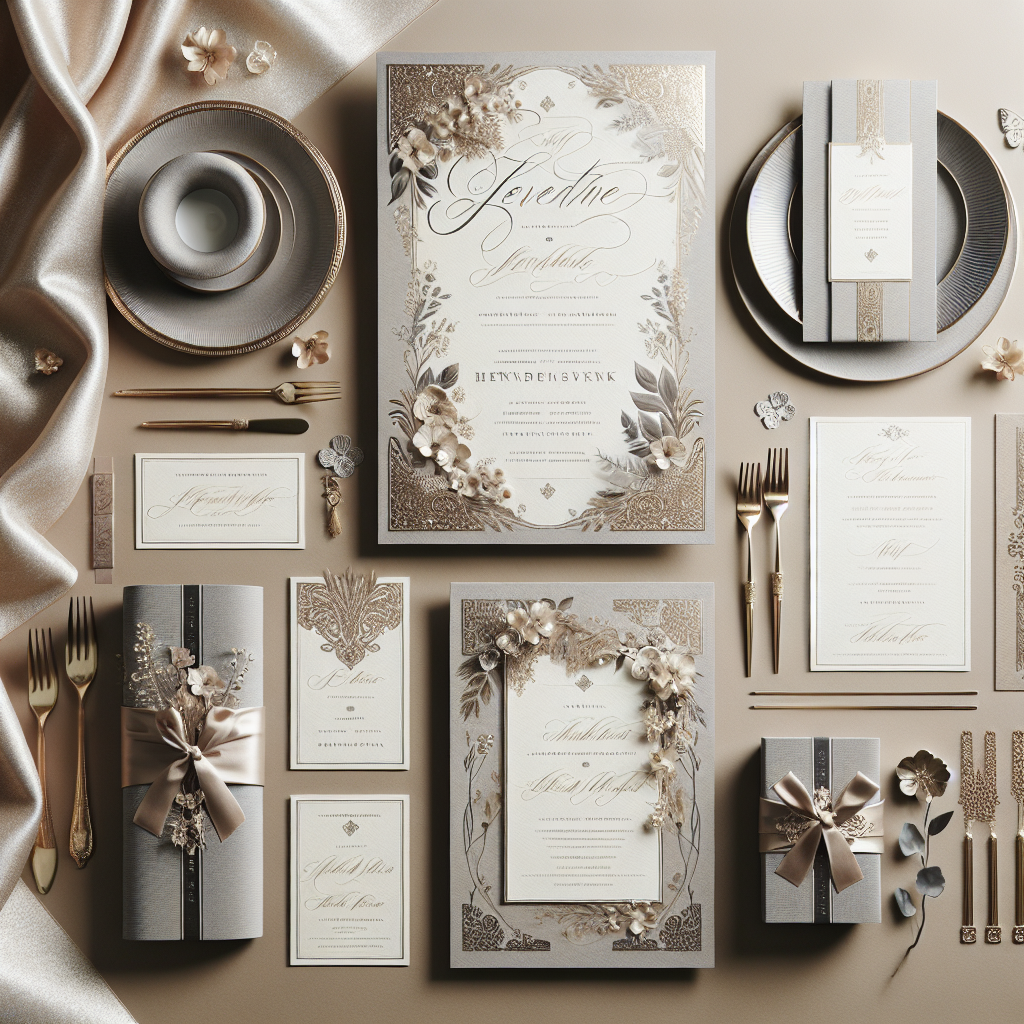 Ensemble d'invitations de mariage luxueuses disposées sur un fond sophistiqué. Les cartes d'invitation sont fabriquées en papier de haute qualité avec une calligraphie élégante, comportant des détails dorés et argentés. Des menus, des plans de table et des marque-places assortis complètent l'ensemble.