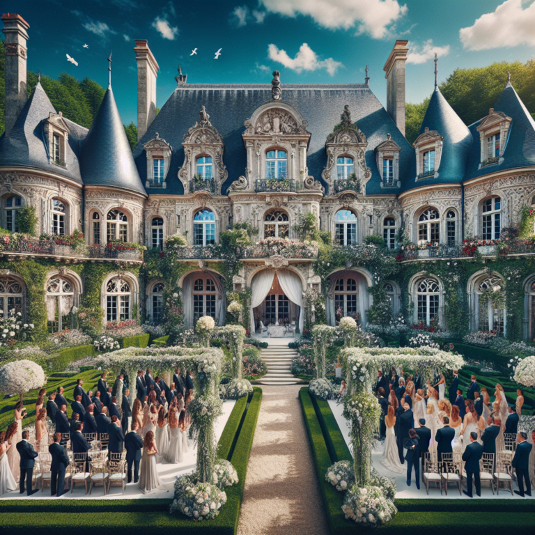 Scène de mariage dans le jardin d'un château en France, avec des décorations élégantes et des invités en tenue formelle.