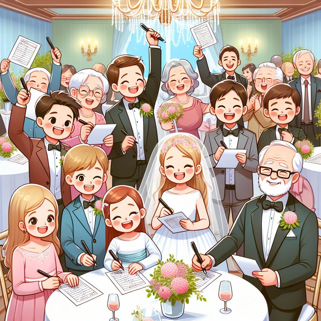 Des invités écrivent des prédictions et des conseils pour les mariés lors d'un mariage, dans une ambiance joyeuse et élégante.