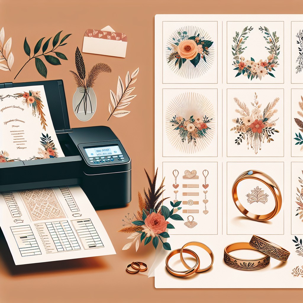 Illustration de jeux de mariage imprimables avec des feuilles de jeu, une imprimante et des décorations de mariage.