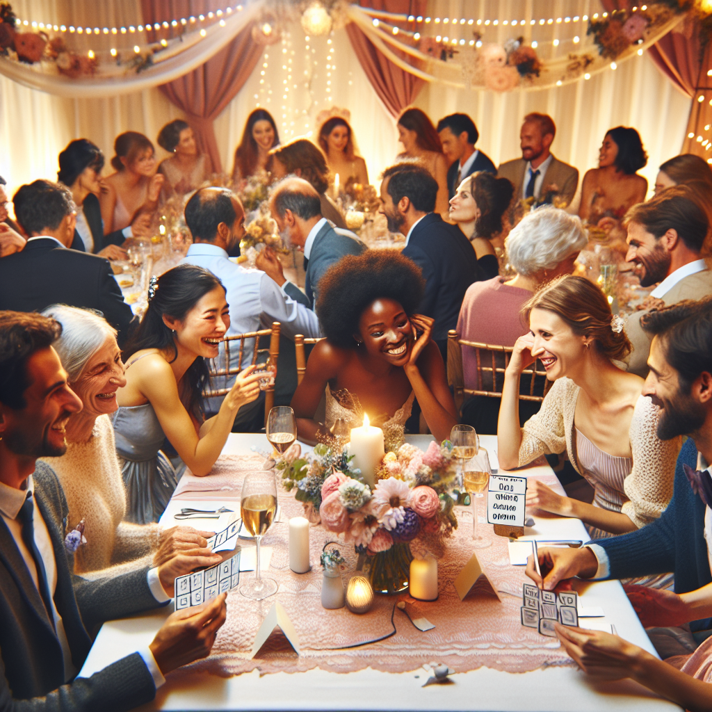 Des invités à un repas de mariage jouent à des jeux imprimés, certains lisent des anecdotes sur les mariés, d'autres remplissent des questionnaires de compatibilité, dans une ambiance festive et conviviale.