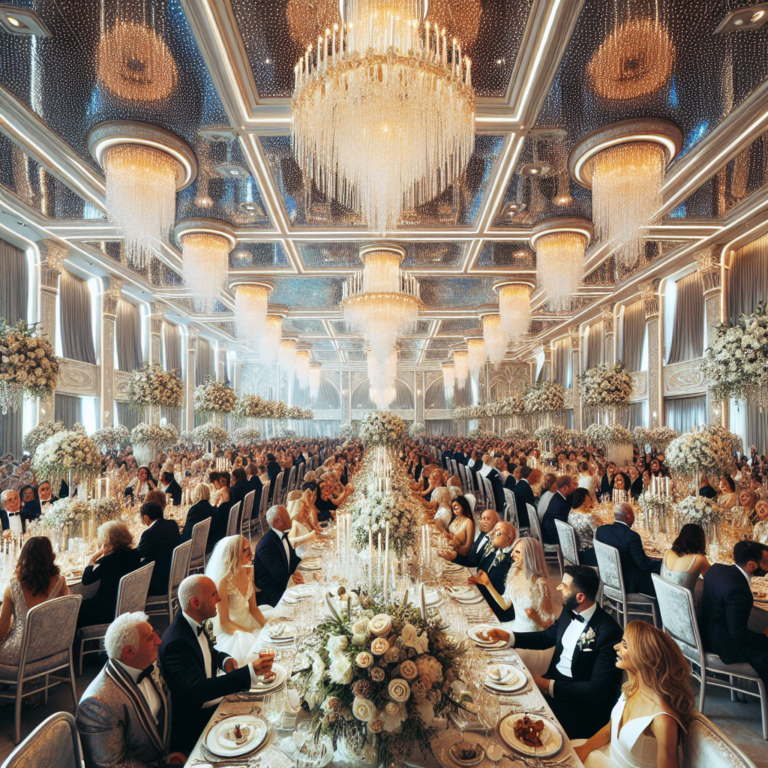 Lieu de mariage élégant avec de belles décorations et des invités heureux.