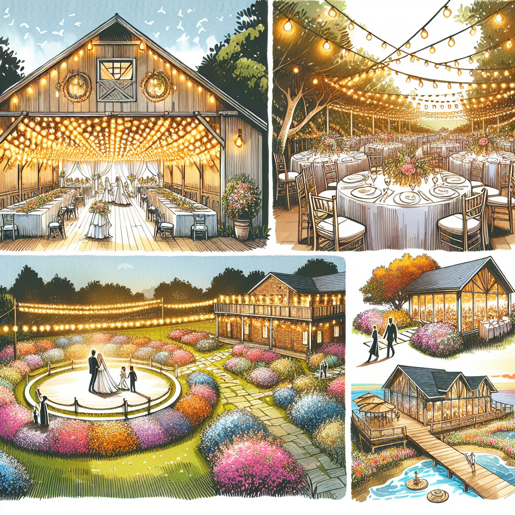 Scène de mariage pittoresque avec des lieux comme des granges, des parcs, des grandes maisons louées, des jardins publics ou des plages.