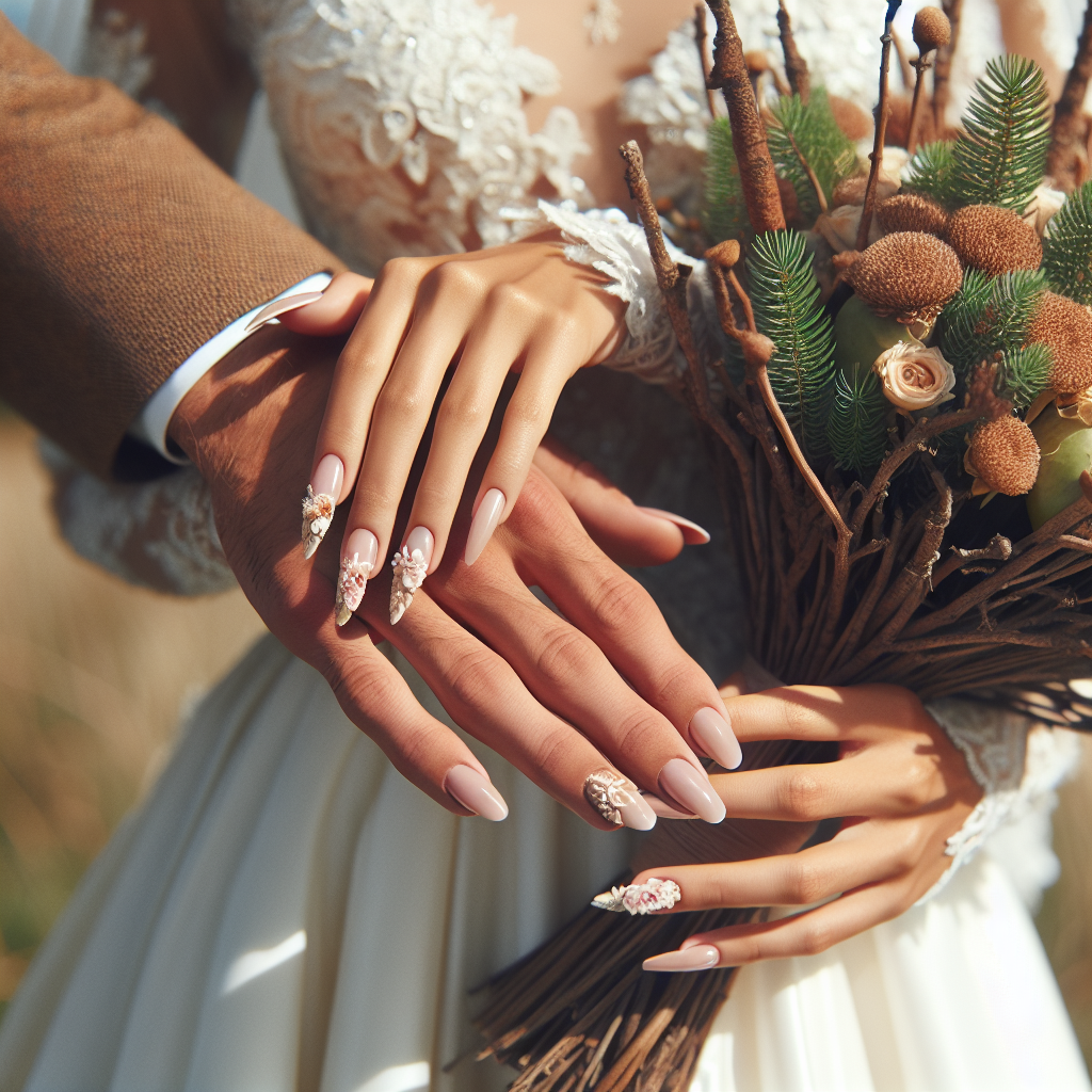 Mains de la mariée avec des ongles soignés tenant un bouquet ou la main du marié lors d'un mariage champêtre.