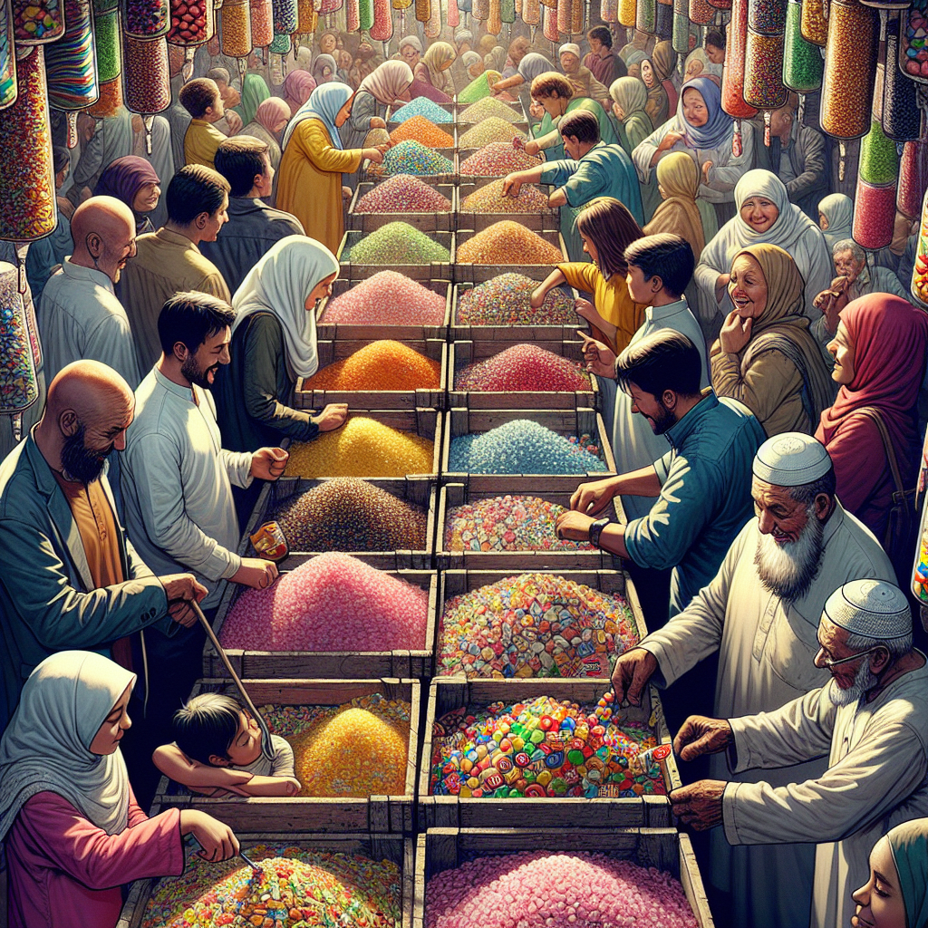 Marché animé avec des gens choisissant des bonbons en gros