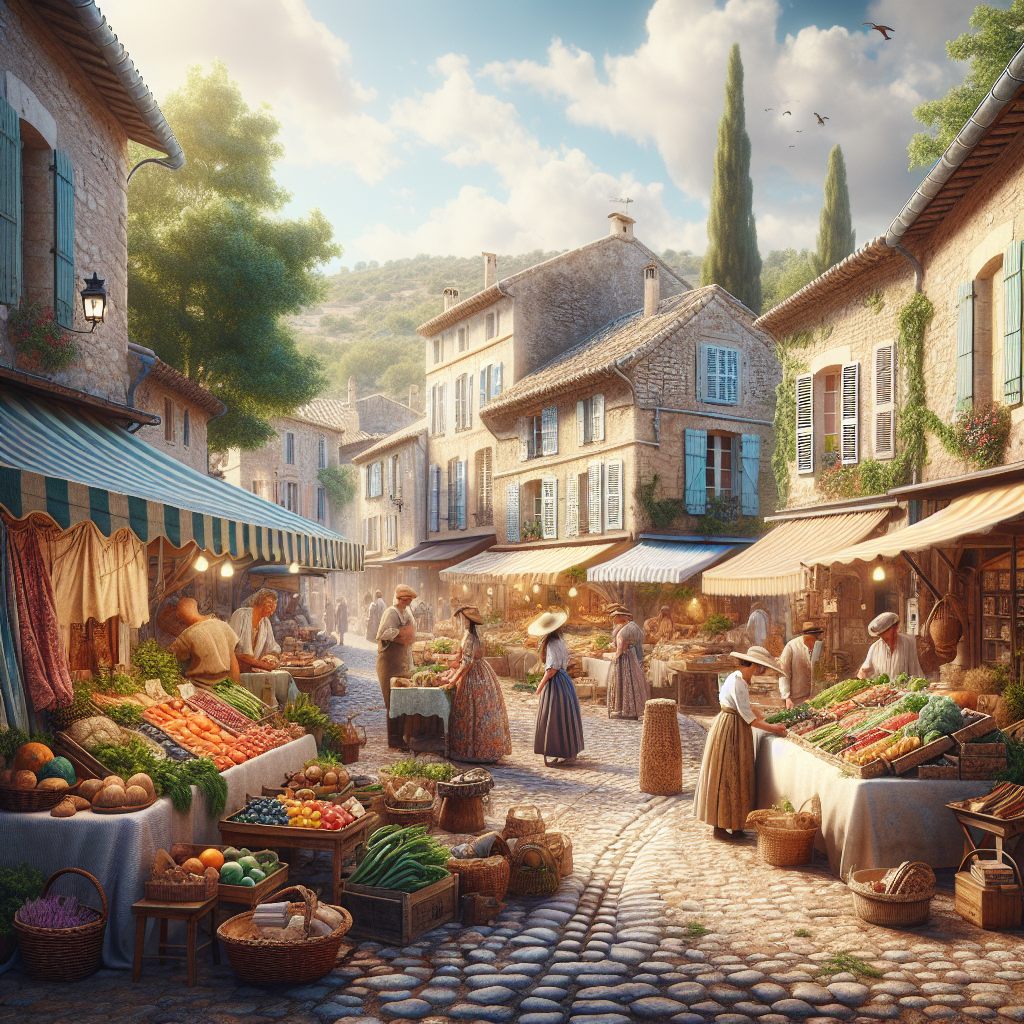 Un marché traditionnel provençal avec des étals colorés de légumes frais et d'ingrédients locaux, dans un cadre pittoresque.
