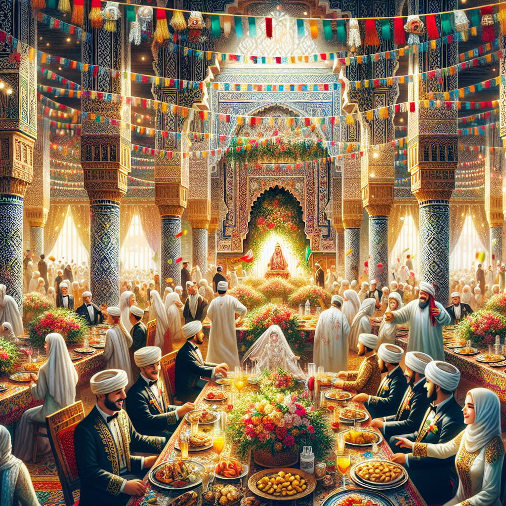 Scène de mariage algérien avec invités, tenues traditionnelles, décorations et festin.