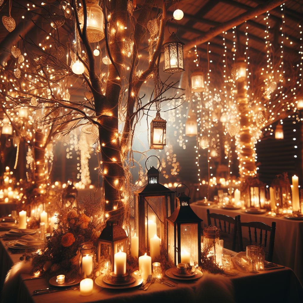 Cadre de mariage en hiver avec un éclairage chaleureux et intimiste : guirlandes lumineuses suspendues au plafond, enroulées autour des arbres et disposées sur les tables, ainsi que des photophores et des bougies créant une atmosphère magique.