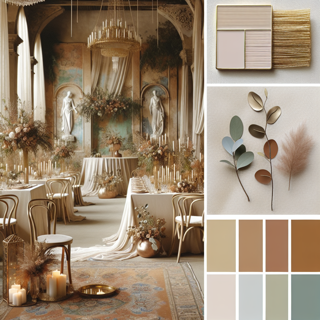 Scène de mariage bohème chic avec des tons naturels tels que beige, blanc cassé, vert olive et terracotta, avec des accents dorés et cuivrés, ainsi que des nuances pastel de rose poudré et de bleu doux.