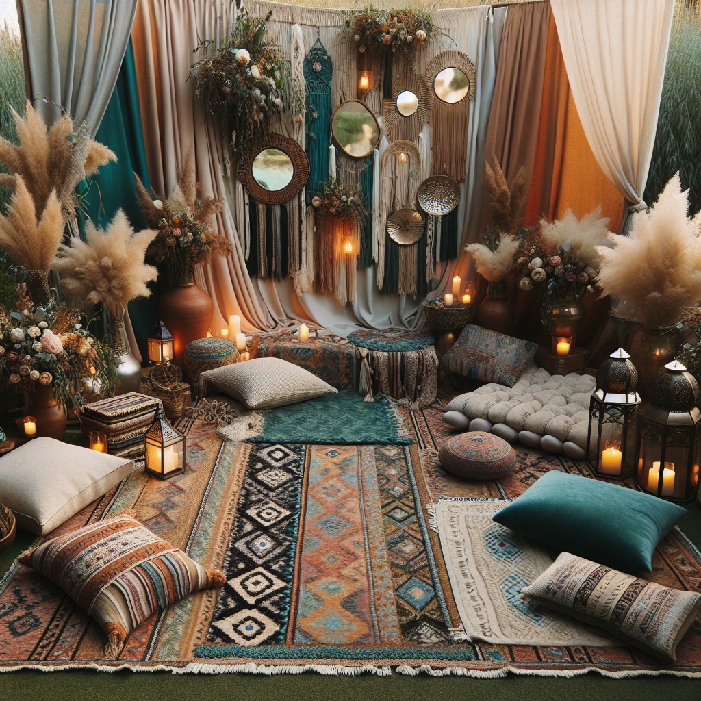 Un mariage bohème chic avec tapis ethniques, macramé, lanternes, miroirs anciens, coussins au sol, rideaux légers et compositions florales sauvages.
