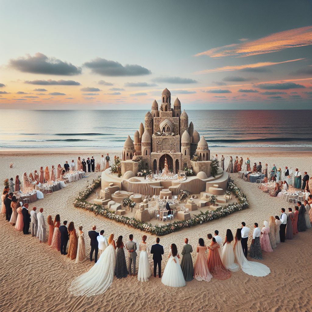 Une cérémonie de mariage romantique au bord de la mer, avec un magnifique château de sable sculpté comme pièce maîtresse. Des invités élégants sont rassemblés autour, avec les vagues calmes de l'océan en arrière-plan.