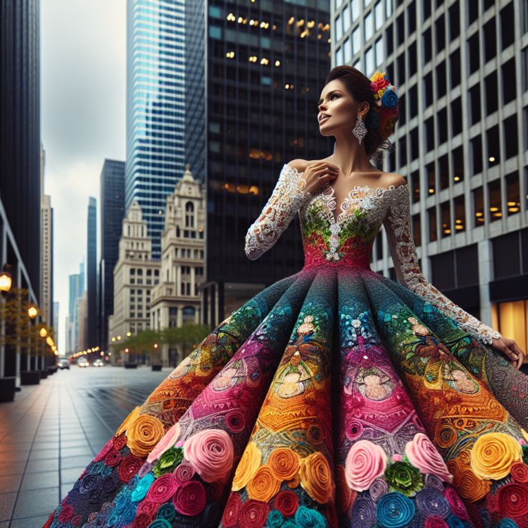 Mariée portant une robe de mariage civil colorée dans un cadre urbain élégant