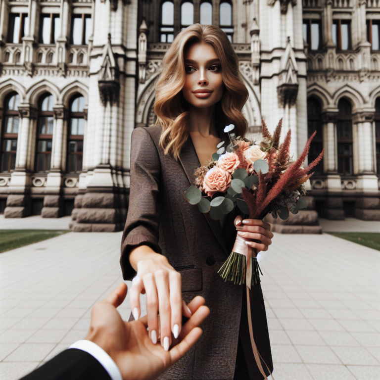 Mariée portant un tailleur chic devant la mairie avec son mari en tenue coordonnée tenant sa main