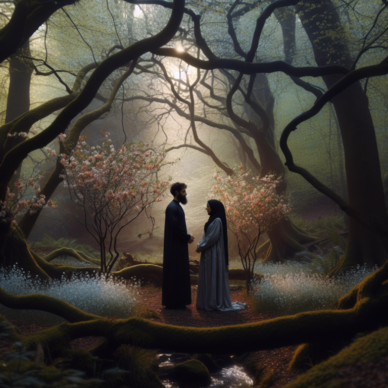 Un couple se marie dans une forêt intime, entouré de fleurs délicates et de lumière douce filtrant à travers les arbres.