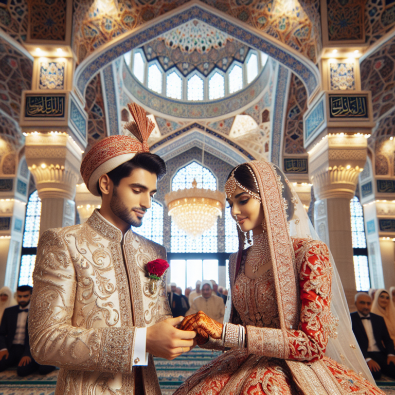 Cérémonie de mariage islamique avec des mariés en tenues traditionnelles dans une mosquée décorée