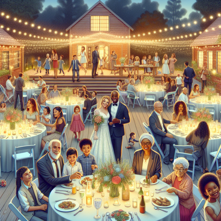 Une décoration de mariage dans un jardin avec des guirlandes lumineuses et des centres de table faits maison.