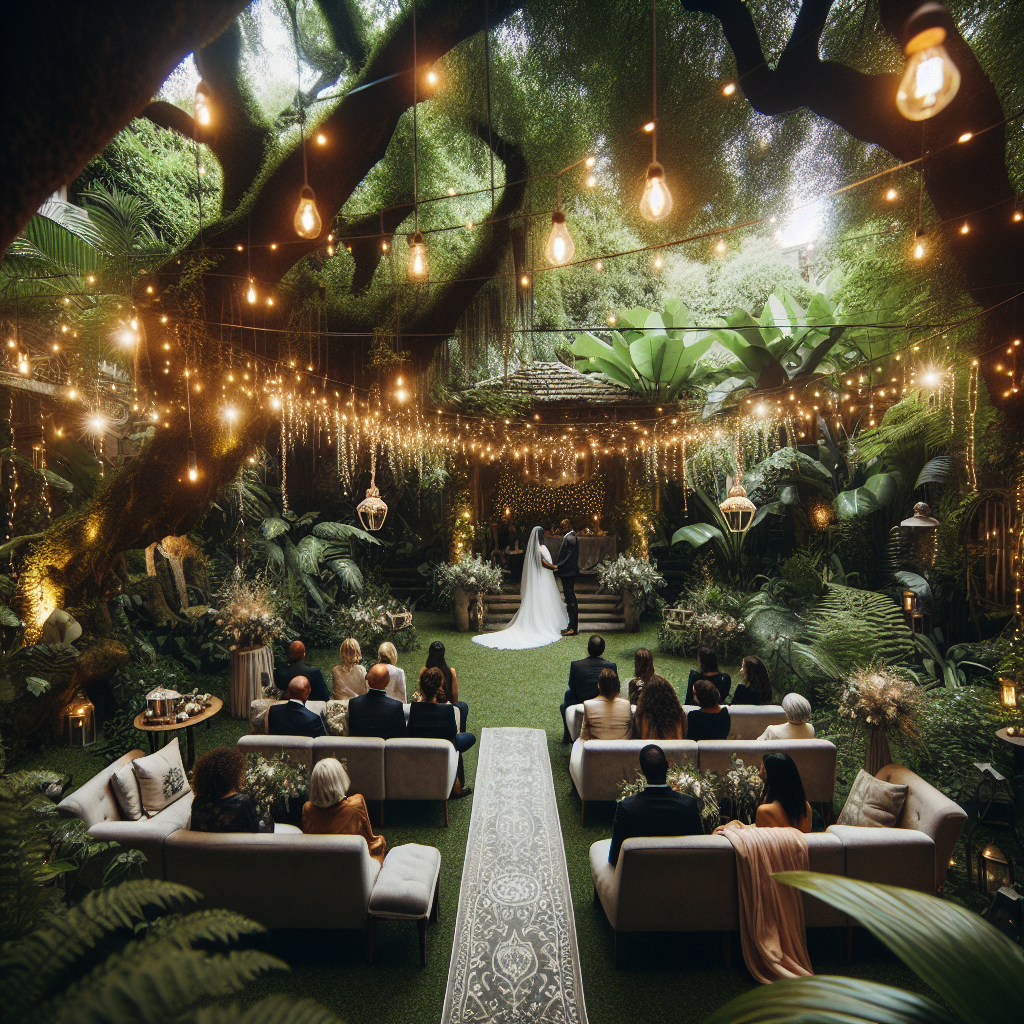 Un mariage intime et magnifique dans un jardin familial luxuriant avec de la verdure, des guirlandes lumineuses et une ambiance cosy.