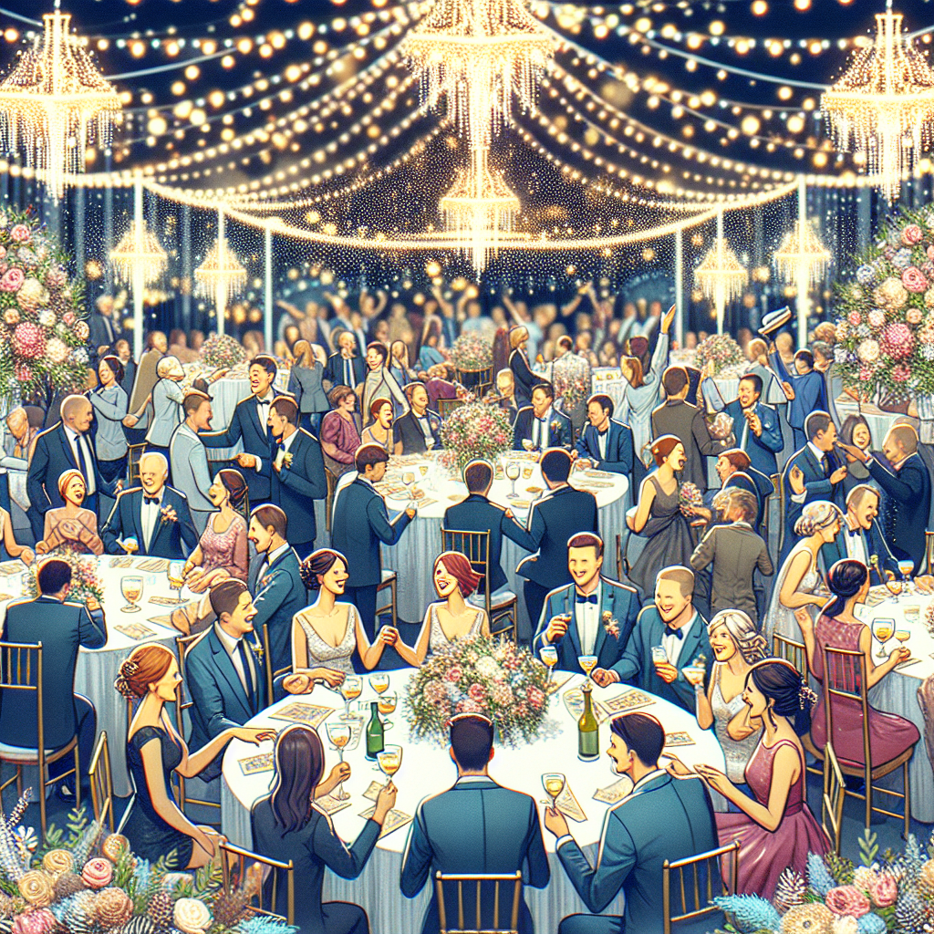 Réception de mariage avec des invités joyeux jouant à des jeux à imprimer à leurs tables, décorée avec des lumières et des arrangements floraux.