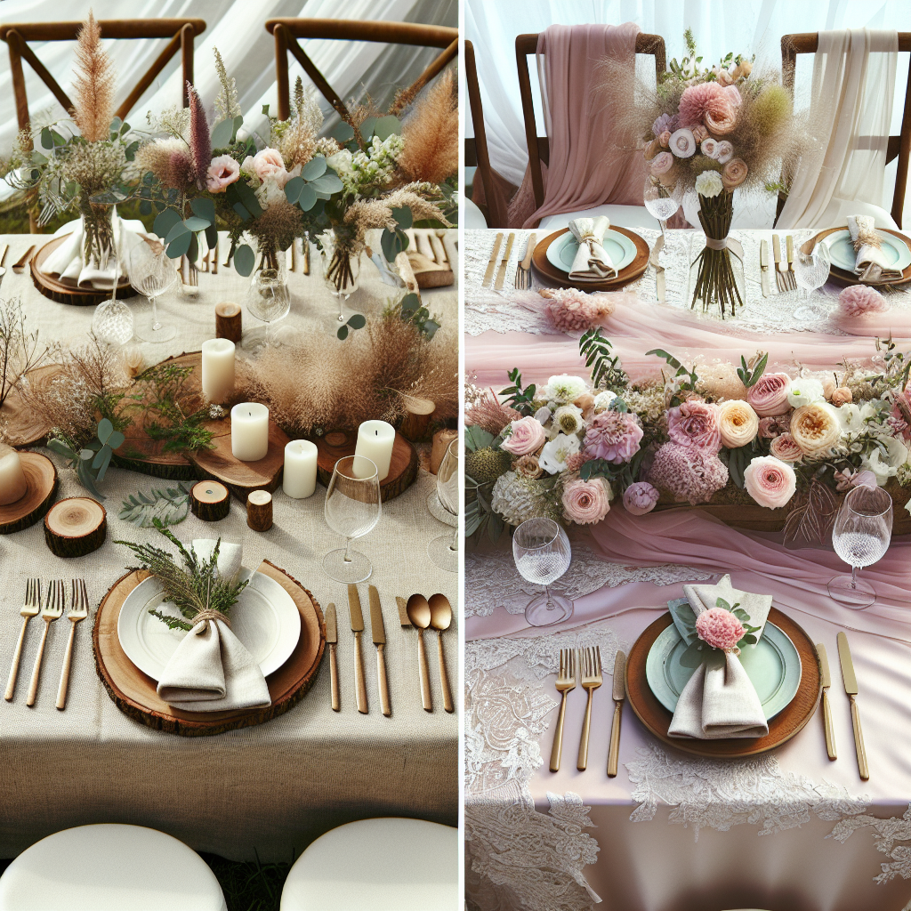 Table de mariage avec des nappes correspondant à des thèmes champêtre et romantique, incluant des détails en bois et des fleurs des champs pour le champêtre, et du satin ou de la dentelle avec des tons roses et lavande pour le romantique.