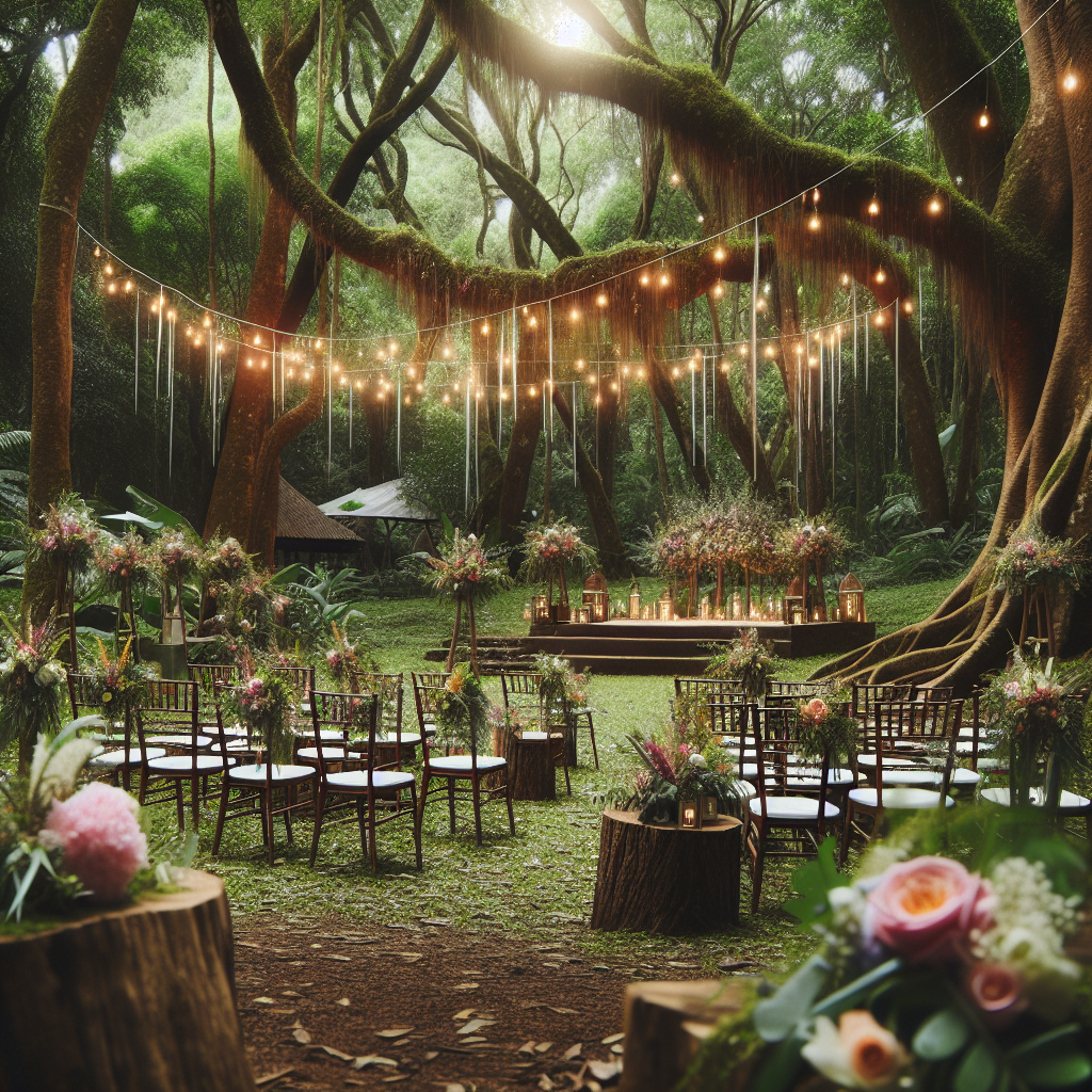Cérémonie de mariage en pleine nature dans une clairière, avec des sièges en bois, des décorations florales et des guirlandes lumineuses, créant une ambiance romantique et bohème.