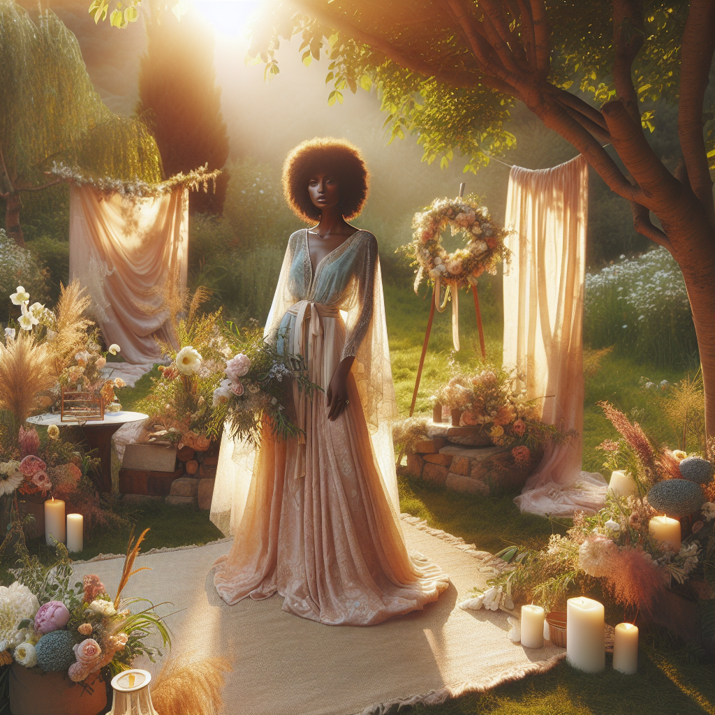 Une mariée portant une robe pastel dans un cadre de mariage en plein air, avec des fleurs et de la verdure, dégageant sérénité et délicatesse.