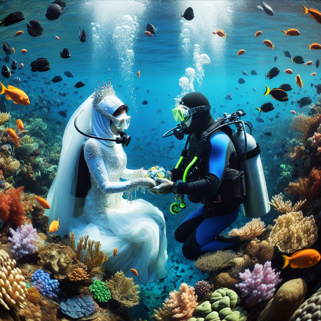 Scène de mariage sous l'eau avec un couple en combinaison de plongée entourés de poissons colorés et de récifs coralliens.