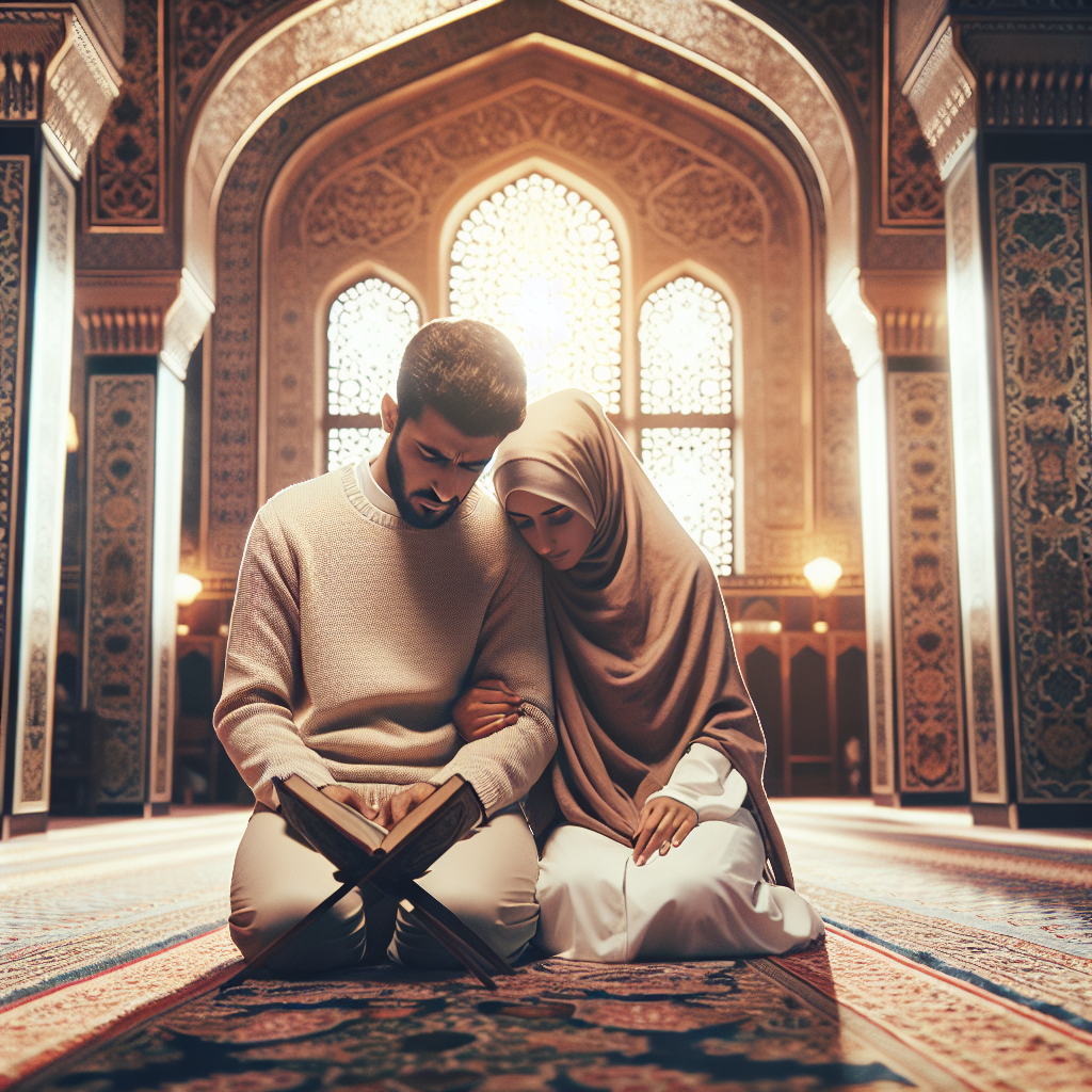 Un couple musulman en prière ensemble, illustrant les aspects spirituels et religieux du mariage en Islam.