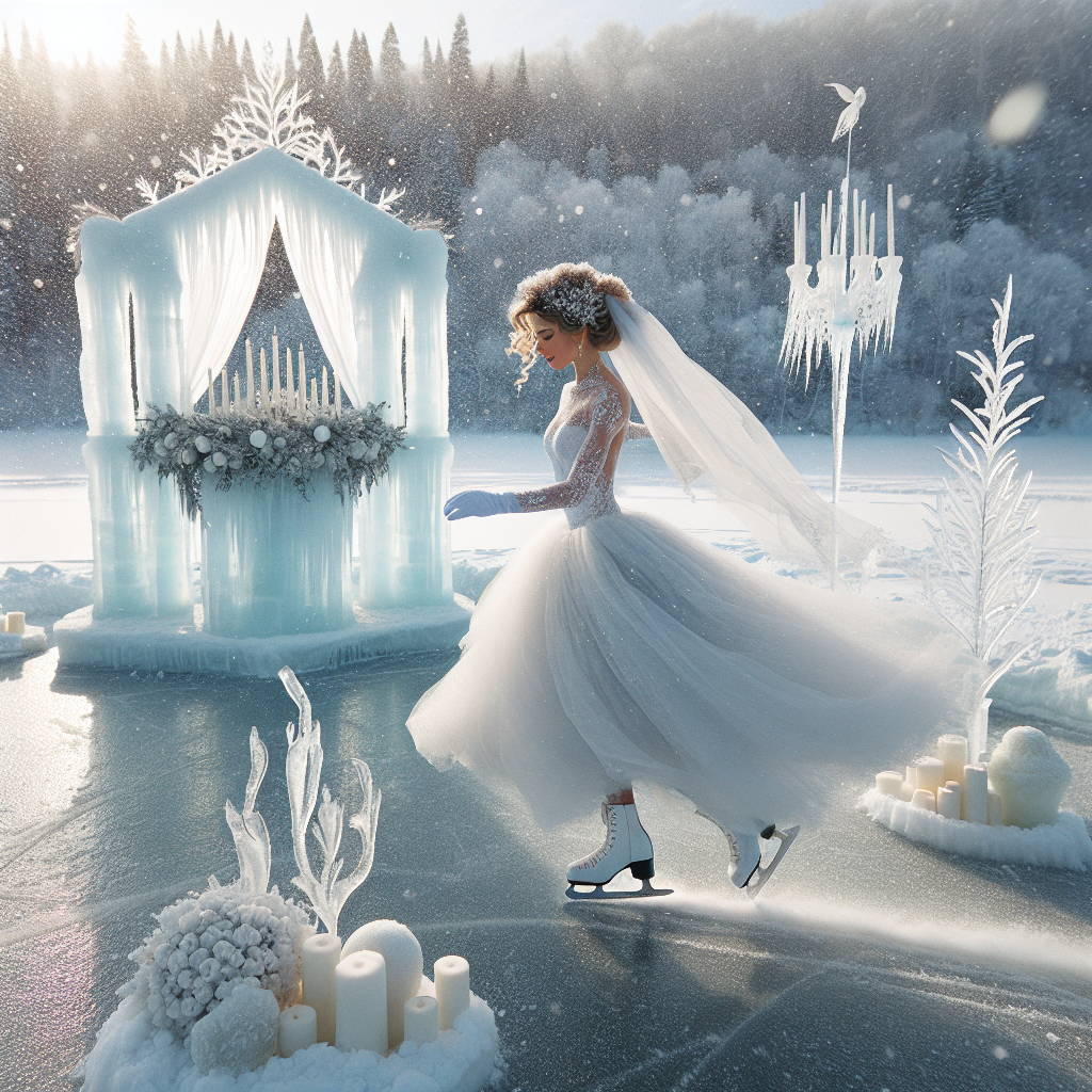 Un mariage sur une patinoire ou un lac gelé avec une mariée en robe de mariée patinant, entourée de flocons de neige, échangeant des vœux sur un autel sculpté en glace.