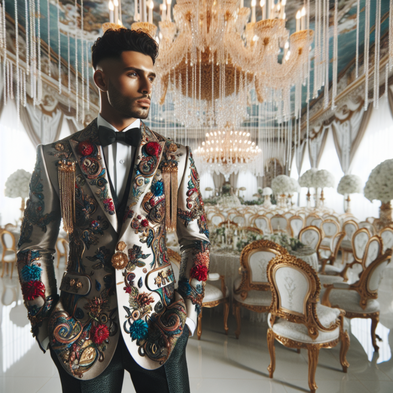 Un marié élégant portant un costume coloré avec des accessoires uniques, se tenant dans un lieu de mariage magnifiquement décoré
