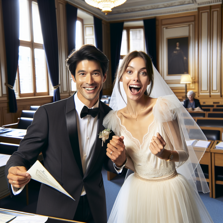 Un couple en train de se marier et de célébrer leur bonheur avec des documents officiels dans un bureau du gouvernement français.