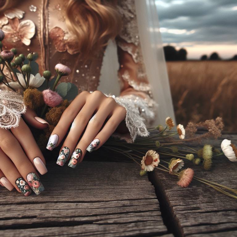 Une jeune mariée avec des ongles pastel et floraux dans un cadre de mariage champêtre.