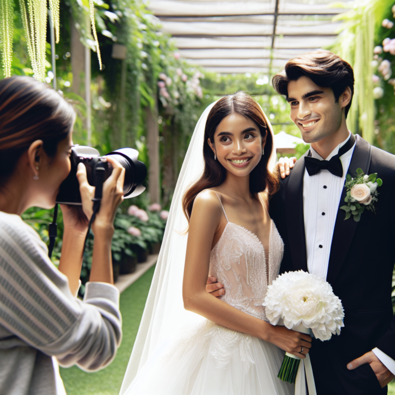Un couple de jeunes mariés en extérieur avec un photographe capturant des moments spontanés