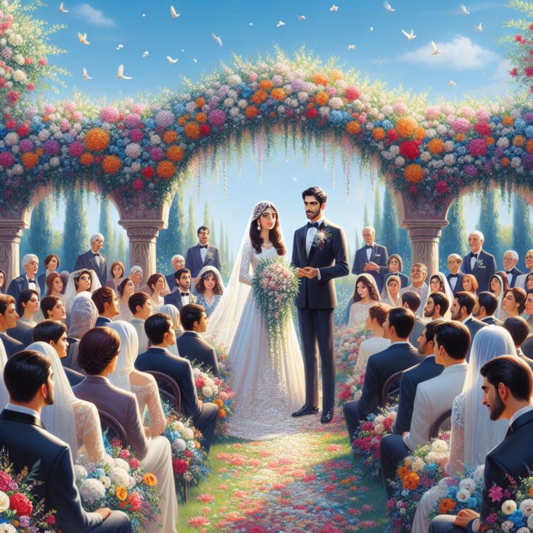 Un couple célébrant leur mariage civil en extérieur dans un jardin, entouré de fleurs et d'invités sous un ciel bleu.