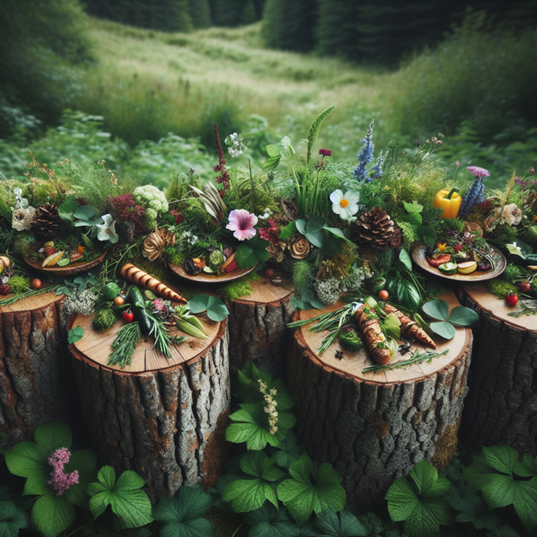 Un menu de mariage rustique avec des plats de saison, présentés magnifiquement sur des rondins de bois avec des éléments naturels comme des feuillages et des fleurs.