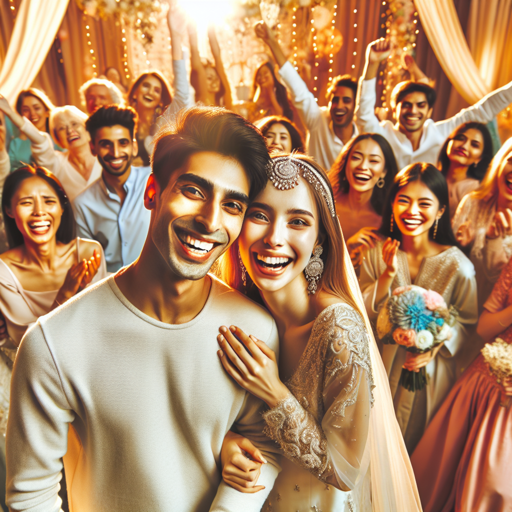 Un couple heureux célébrant leur mariage avec leurs amis et famille, décorations de mariage, expressions joyeuses et ambiance chaleureuse.